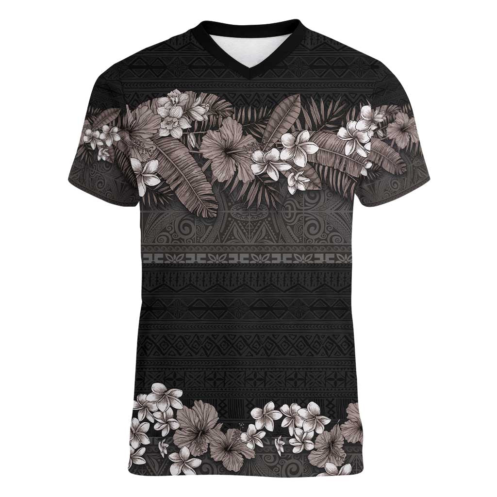 Hawaiian Tropical Flowers and Tribal Polynesian Tattoo Women V-Neck T-Shirt Grayscale Mode LT03 Female Black - Polynesian Pride