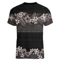 Hawaiian Tropical Flowers and Tribal Polynesian Tattoo Women V-Neck T-Shirt Grayscale Mode LT03 - Polynesian Pride