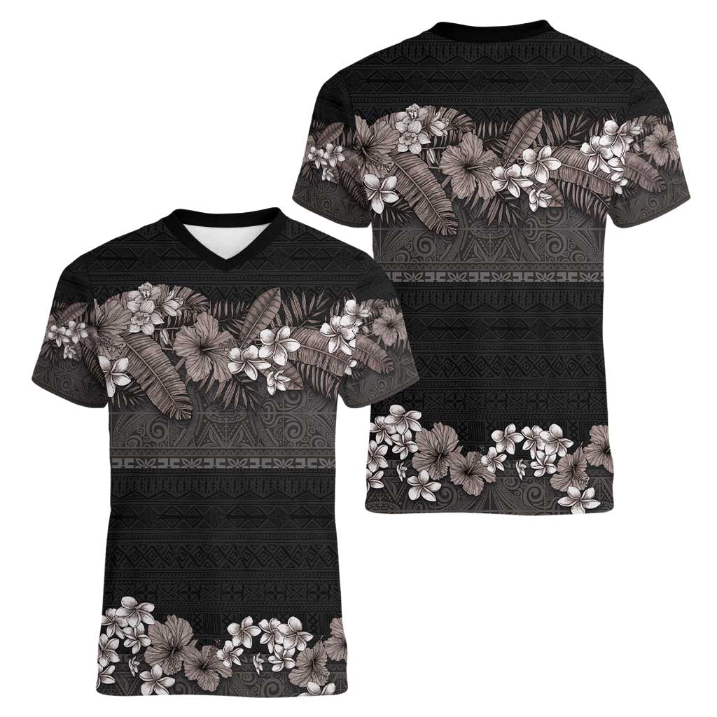 Hawaiian Tropical Flowers and Tribal Polynesian Tattoo Women V-Neck T-Shirt Grayscale Mode LT03 - Polynesian Pride