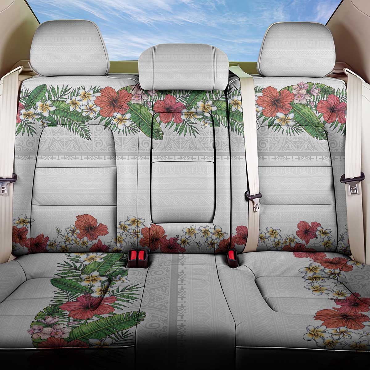 Hawaiian Tropical Flowers and Tribal Polynesian Tattoo Back Car Seat Cover White Color LT03 One Size White - Polynesian Pride