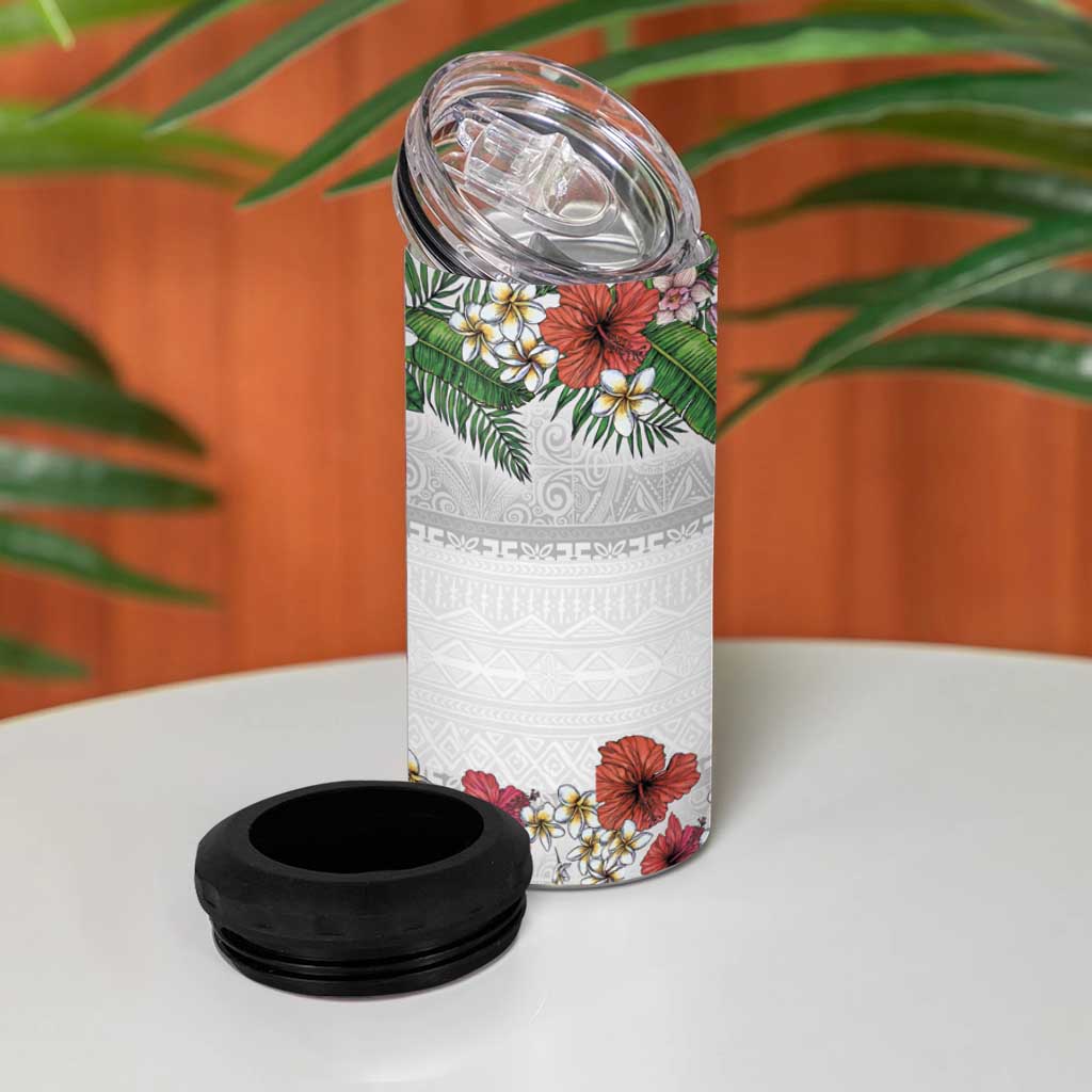 Hawaiian Tropical Flowers and Tribal Polynesian Tattoo 4 in 1 Can Cooler Tumbler White Color LT03 - Polynesian Pride