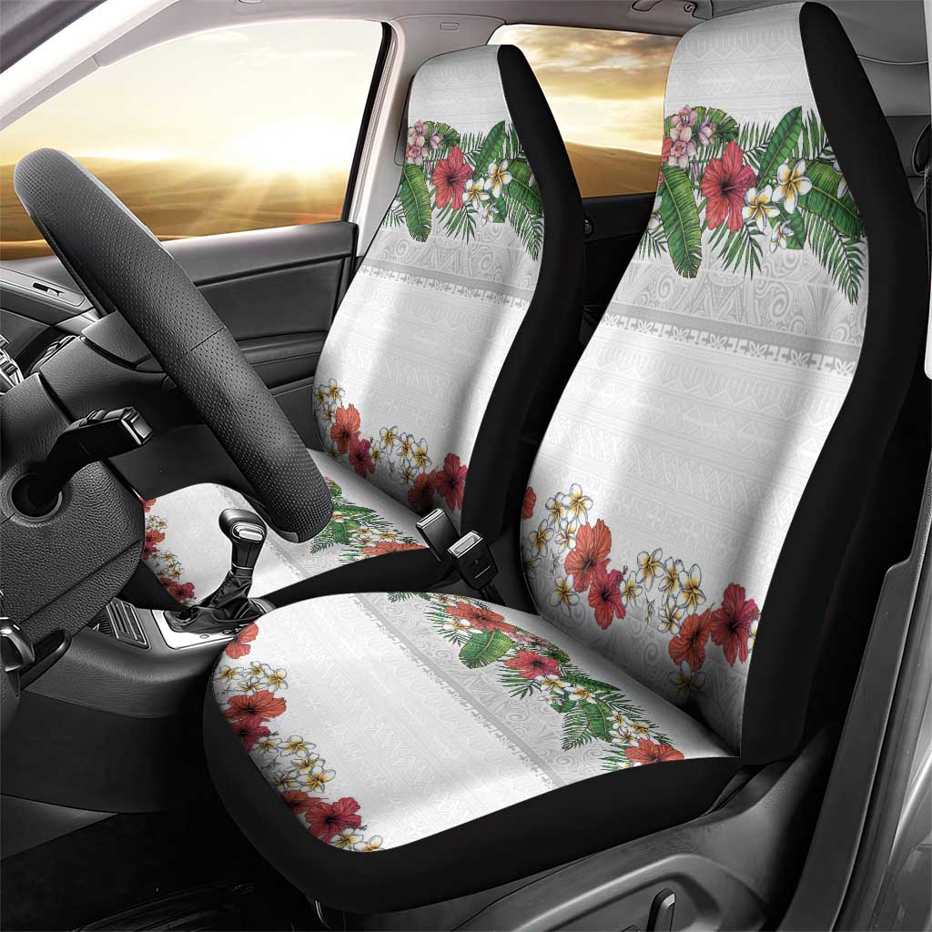 Hawaiian Tropical Flowers and Tribal Polynesian Tattoo Car Seat Cover White Color LT03 - Polynesian Pride