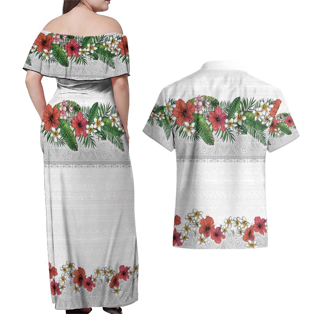 Hawaiian Tropical Flowers and Tribal Polynesian Tattoo Couples Matching Off Shoulder Maxi Dress and Hawaiian Shirt White Color LT03 - Polynesian Pride