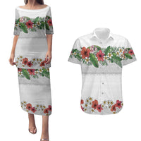 Hawaiian Tropical Flowers and Tribal Polynesian Tattoo Couples Matching Puletasi and Hawaiian Shirt White Color LT03 White - Polynesian Pride