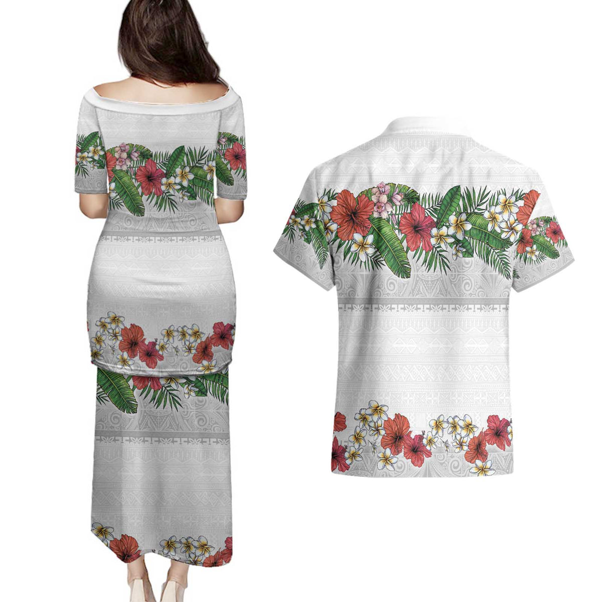 Hawaiian Tropical Flowers and Tribal Polynesian Tattoo Couples Matching Puletasi and Hawaiian Shirt White Color LT03 - Polynesian Pride