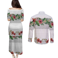 Hawaiian Tropical Flowers and Tribal Polynesian Tattoo Couples Matching Puletasi and Long Sleeve Button Shirt White Color LT03 - Polynesian Pride