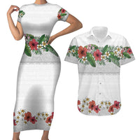 Hawaiian Tropical Flowers and Tribal Polynesian Tattoo Couples Matching Short Sleeve Bodycon Dress and Hawaiian Shirt White Color LT03 White - Polynesian Pride