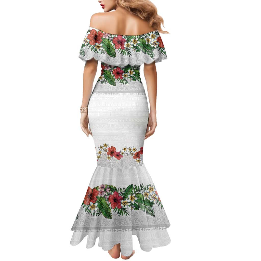 Hawaiian Tropical Flowers and Tribal Polynesian Tattoo Family Matching Mermaid Dress and Hawaiian Shirt White Color LT03 - Polynesian Pride