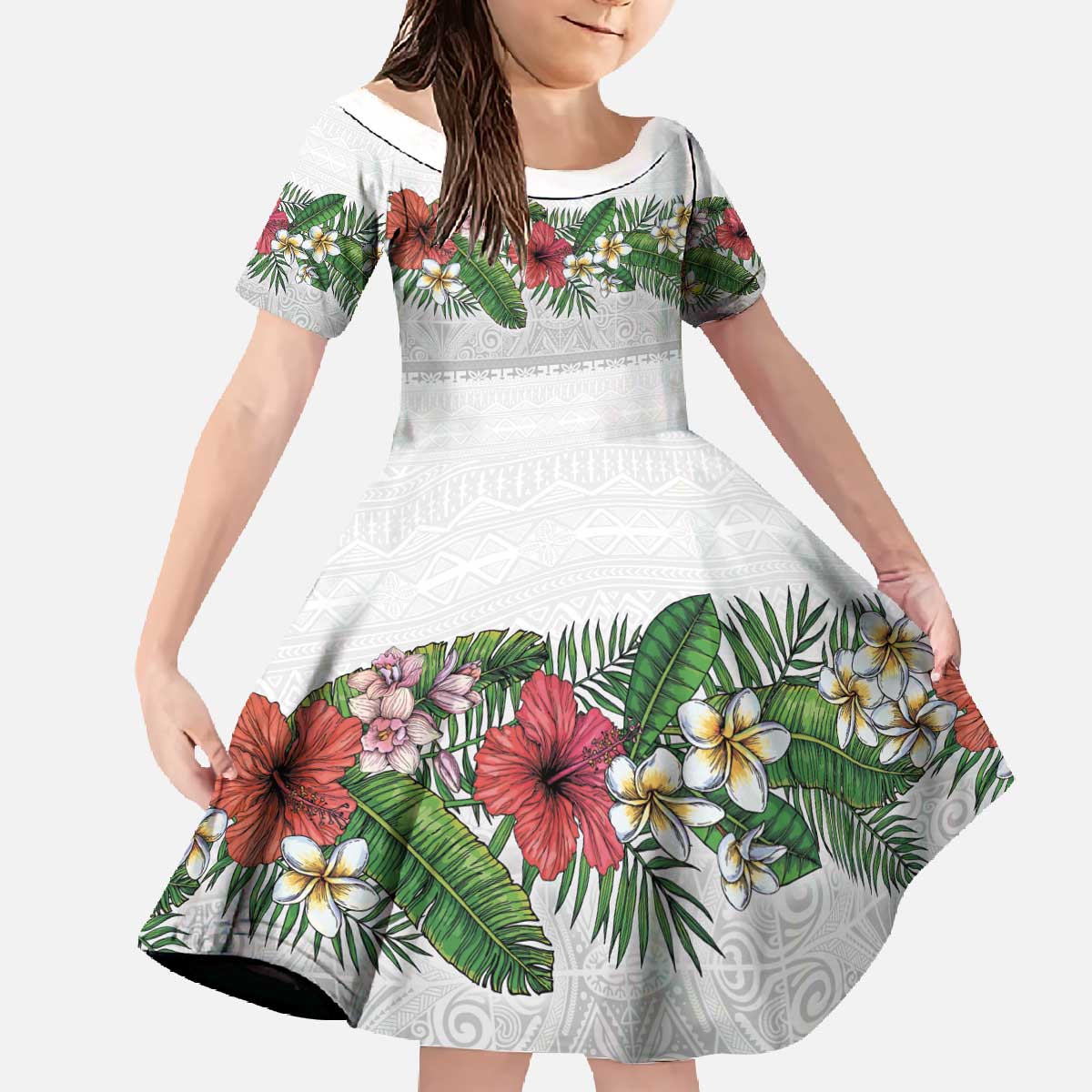 Hawaiian Tropical Flowers and Tribal Polynesian Tattoo Family Matching Off The Shoulder Long Sleeve Dress and Hawaiian Shirt White Color LT03 Daughter's Dress White - Polynesian Pride