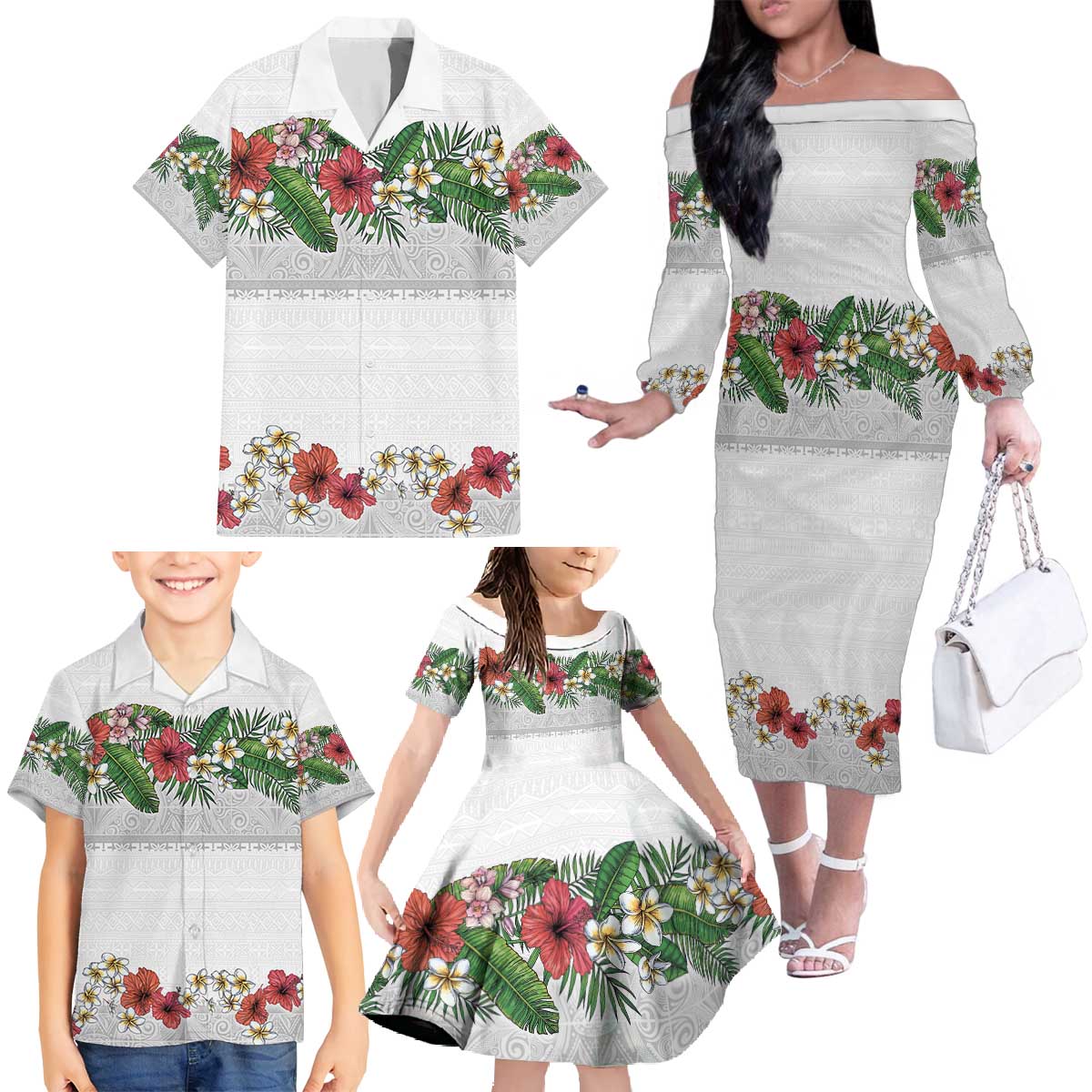 Hawaiian Tropical Flowers and Tribal Polynesian Tattoo Family Matching Off The Shoulder Long Sleeve Dress and Hawaiian Shirt White Color