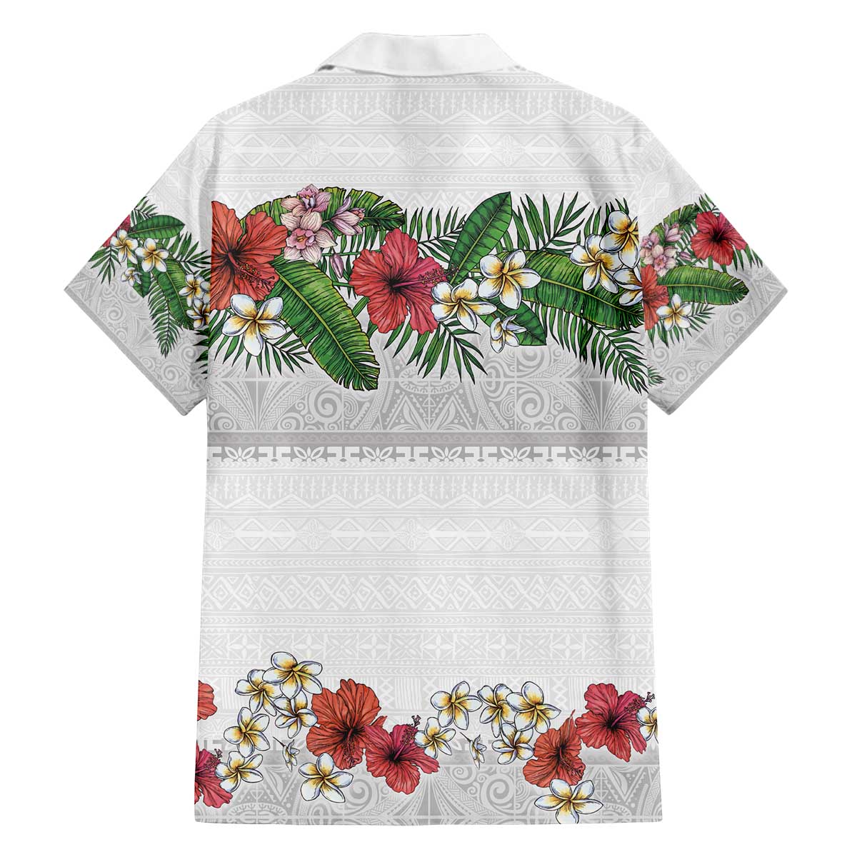 Hawaiian Tropical Flowers and Tribal Polynesian Tattoo Family Matching Off The Shoulder Long Sleeve Dress and Hawaiian Shirt White Color LT03 - Polynesian Pride