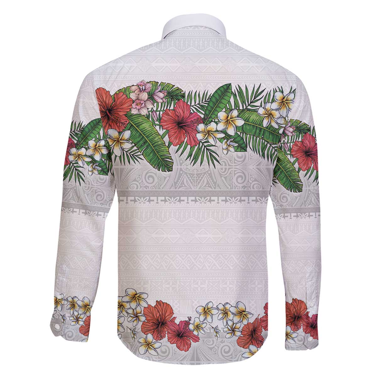 Hawaiian Tropical Flowers and Tribal Polynesian Tattoo Family Matching Off The Shoulder Long Sleeve Dress and Hawaiian Shirt White Color LT03 - Polynesian Pride