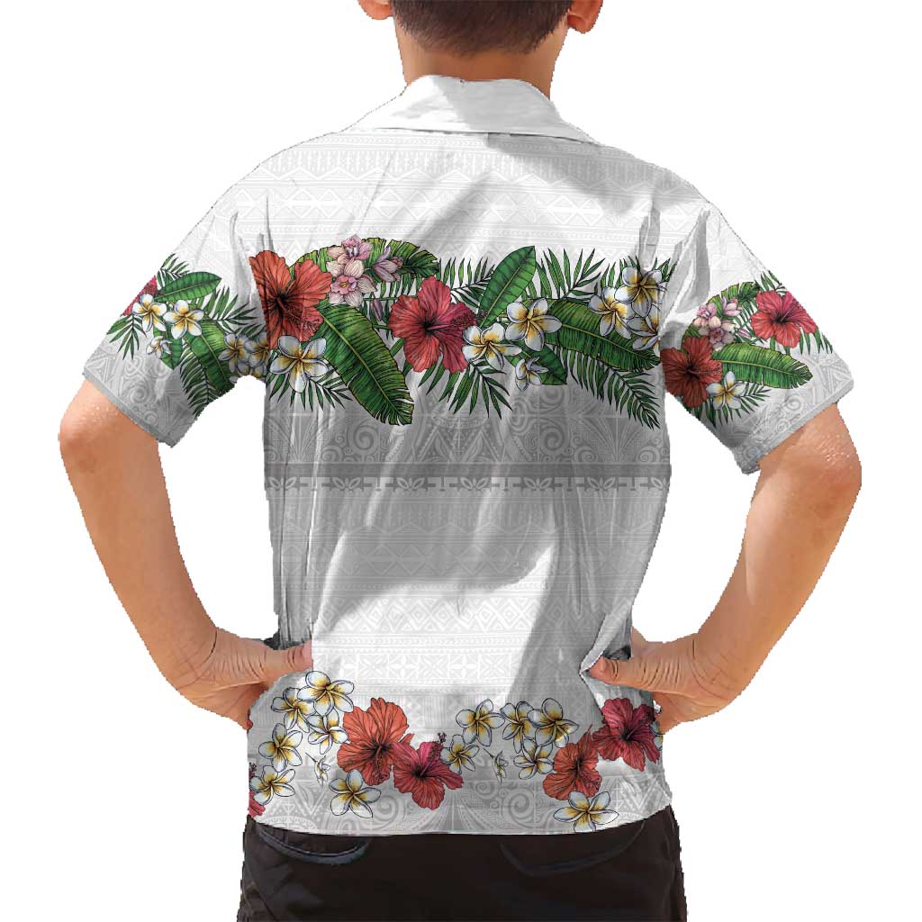 Hawaiian Tropical Flowers and Tribal Polynesian Tattoo Family Matching Off Shoulder Maxi Dress and Hawaiian Shirt White Color LT03 - Polynesian Pride