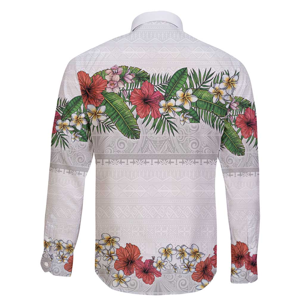 Hawaiian Tropical Flowers and Tribal Polynesian Tattoo Family Matching Off Shoulder Maxi Dress and Hawaiian Shirt White Color LT03 - Polynesian Pride