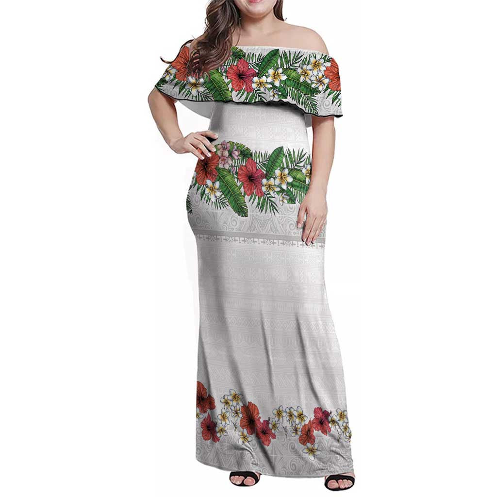Hawaiian Tropical Flowers and Tribal Polynesian Tattoo Family Matching Off Shoulder Maxi Dress and Hawaiian Shirt White Color LT03 Mom's Dress White - Polynesian Pride