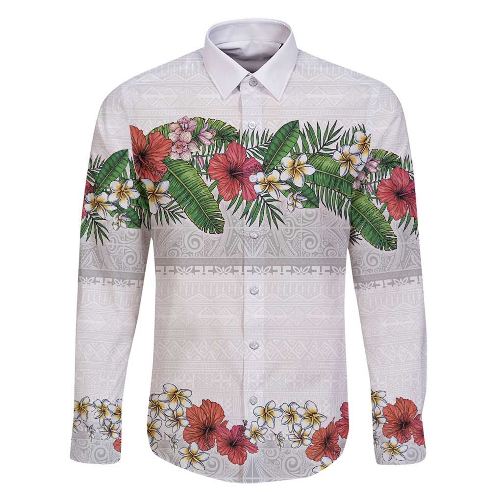 Hawaiian Tropical Flowers and Tribal Polynesian Tattoo Family Matching Puletasi and Hawaiian Shirt White Color LT03 Dad's Shirt - Long Sleeve White - Polynesian Pride