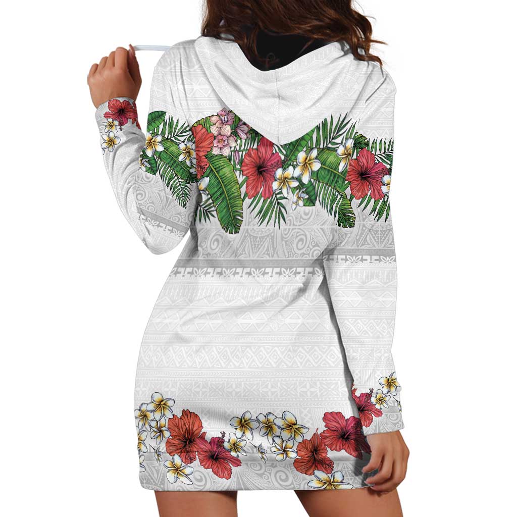 Hawaiian Tropical Flowers and Tribal Polynesian Tattoo Hoodie Dress White Color LT03 - Polynesian Pride
