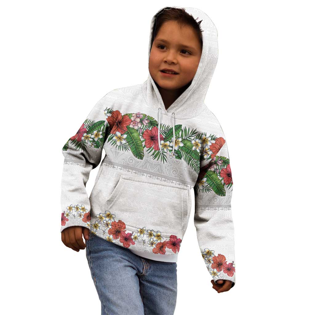 Hawaiian Tropical Flowers and Tribal Polynesian Tattoo Kid Hoodie White Color LT03 - Polynesian Pride