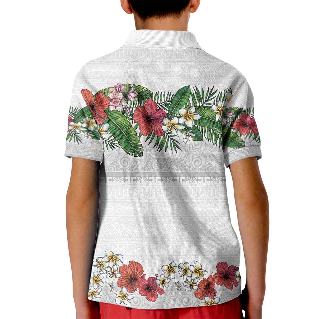 Hawaiian Tropical Flowers and Tribal Polynesian Tattoo Kid Polo Shirt White Color LT03 - Polynesian Pride
