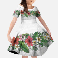 Hawaiian Tropical Flowers and Tribal Polynesian Tattoo Kid Short Sleeve Dress White Color LT03 KID White - Polynesian Pride