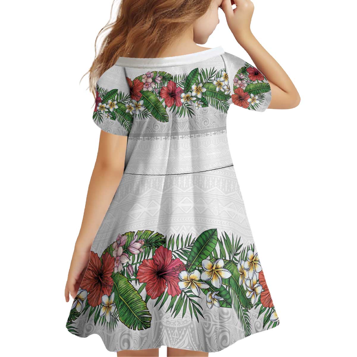 Hawaiian Tropical Flowers and Tribal Polynesian Tattoo Kid Short Sleeve Dress White Color LT03 - Polynesian Pride