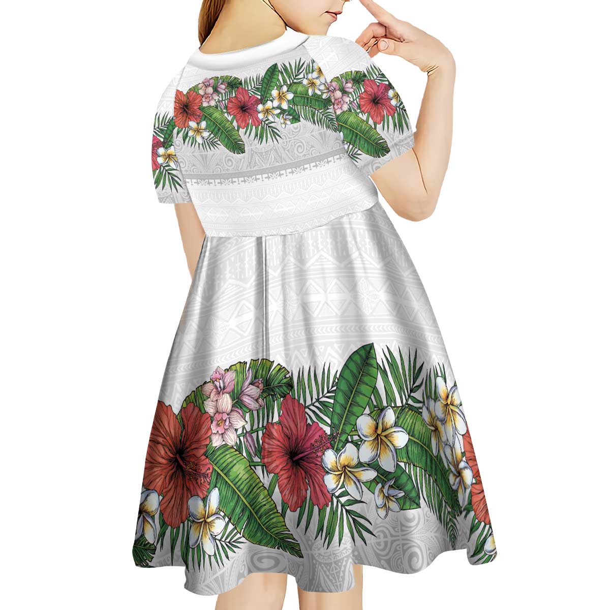 Hawaiian Tropical Flowers and Tribal Polynesian Tattoo Kid Short Sleeve Dress White Color LT03 - Polynesian Pride