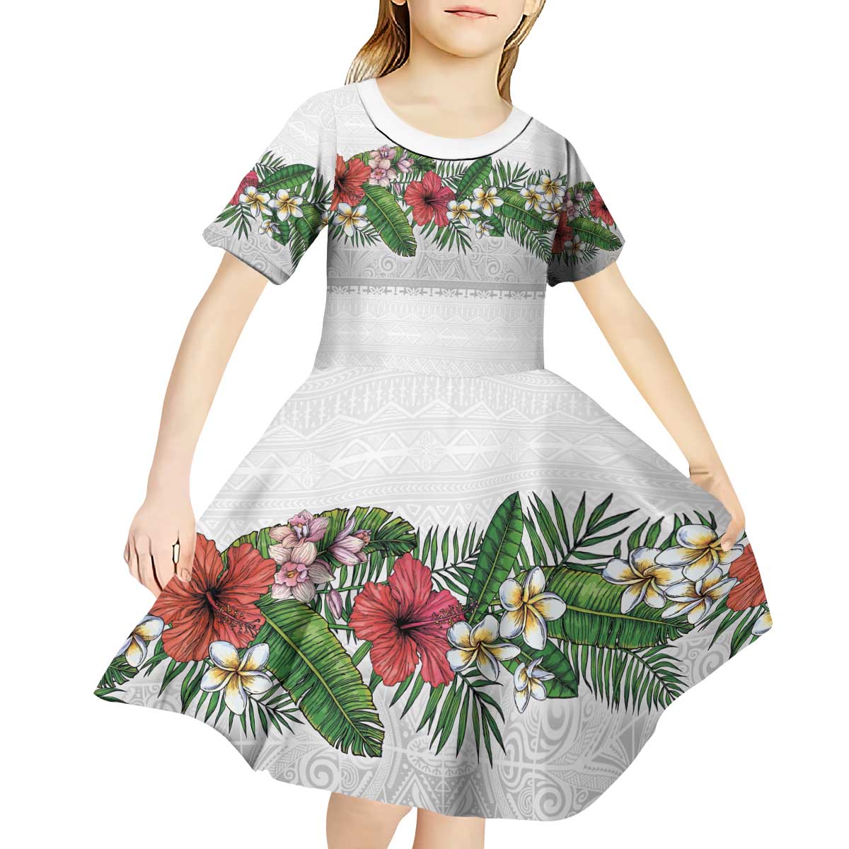 Hawaiian Tropical Flowers and Tribal Polynesian Tattoo Kid Short Sleeve Dress White Color LT03 - Polynesian Pride