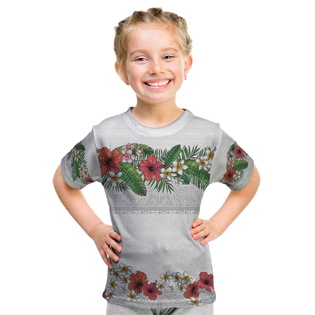 Hawaiian Tropical Flowers and Tribal Polynesian Tattoo Kid T Shirt White Color LT03 White - Polynesian Pride