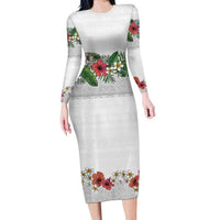 Hawaiian Tropical Flowers and Tribal Polynesian Tattoo Long Sleeve Bodycon Dress White Color LT03 Long Dress White - Polynesian Pride