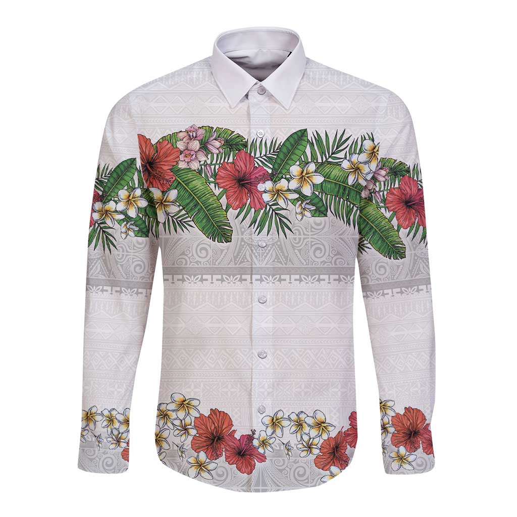Hawaiian Tropical Flowers and Tribal Polynesian Tattoo Long Sleeve Button Shirt White Color LT03 Unisex White - Polynesian Pride