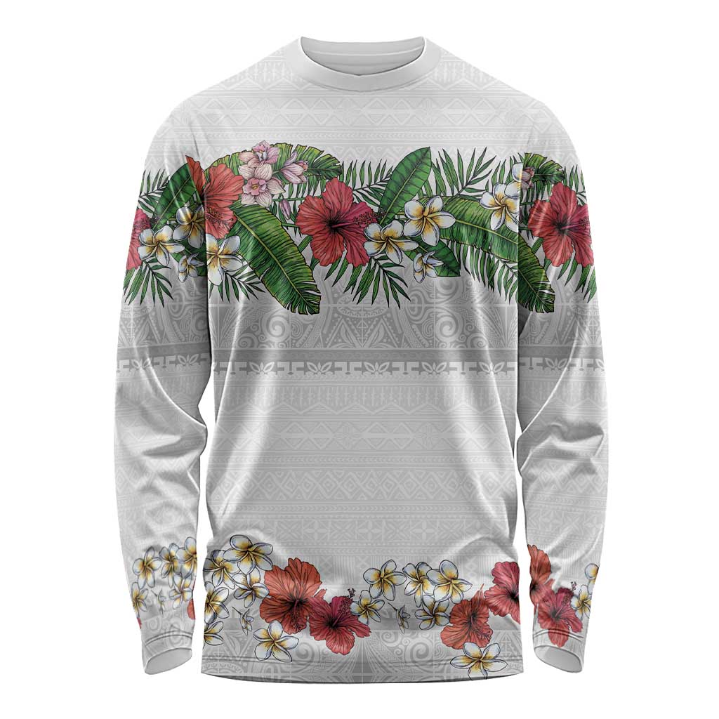 Hawaiian Tropical Flowers and Tribal Polynesian Tattoo Long Sleeve Shirt White Color LT03 Unisex White - Polynesian Pride