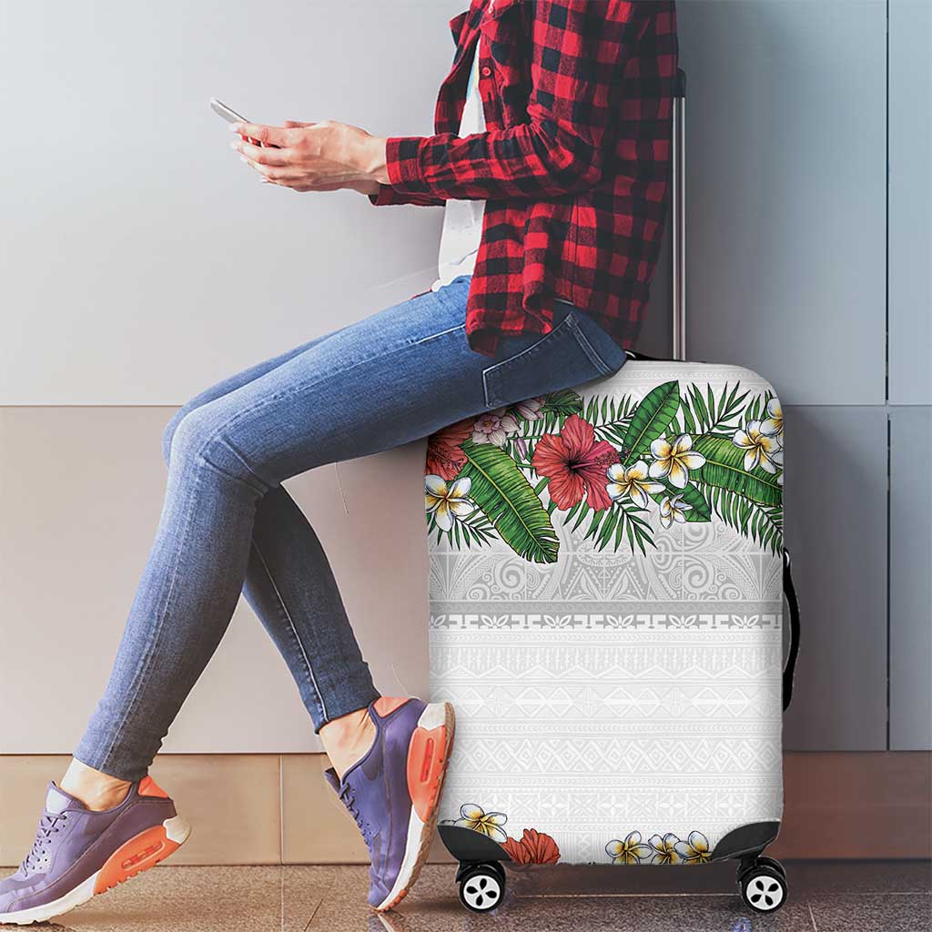 Hawaiian Tropical Flowers and Tribal Polynesian Tattoo Luggage Cover White Color LT03 - Polynesian Pride