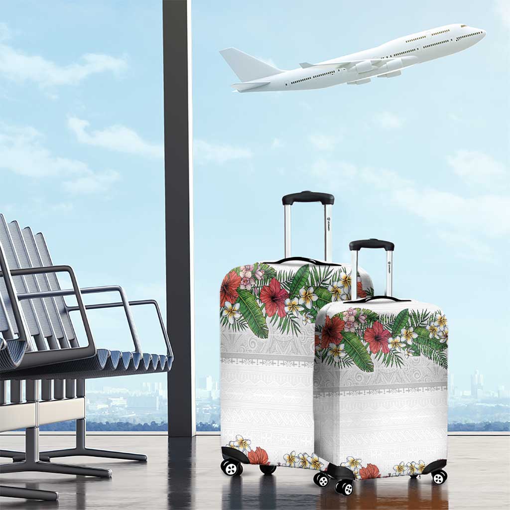 Hawaiian Tropical Flowers and Tribal Polynesian Tattoo Luggage Cover White Color LT03 - Polynesian Pride