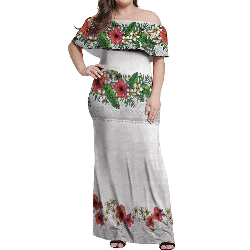 Hawaiian Tropical Flowers and Tribal Polynesian Tattoo Off Shoulder Maxi Dress White Color LT03 Women White - Polynesian Pride