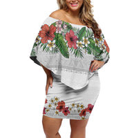 Hawaiian Tropical Flowers and Tribal Polynesian Tattoo Off Shoulder Short Dress White Color LT03 Women White - Polynesian Pride