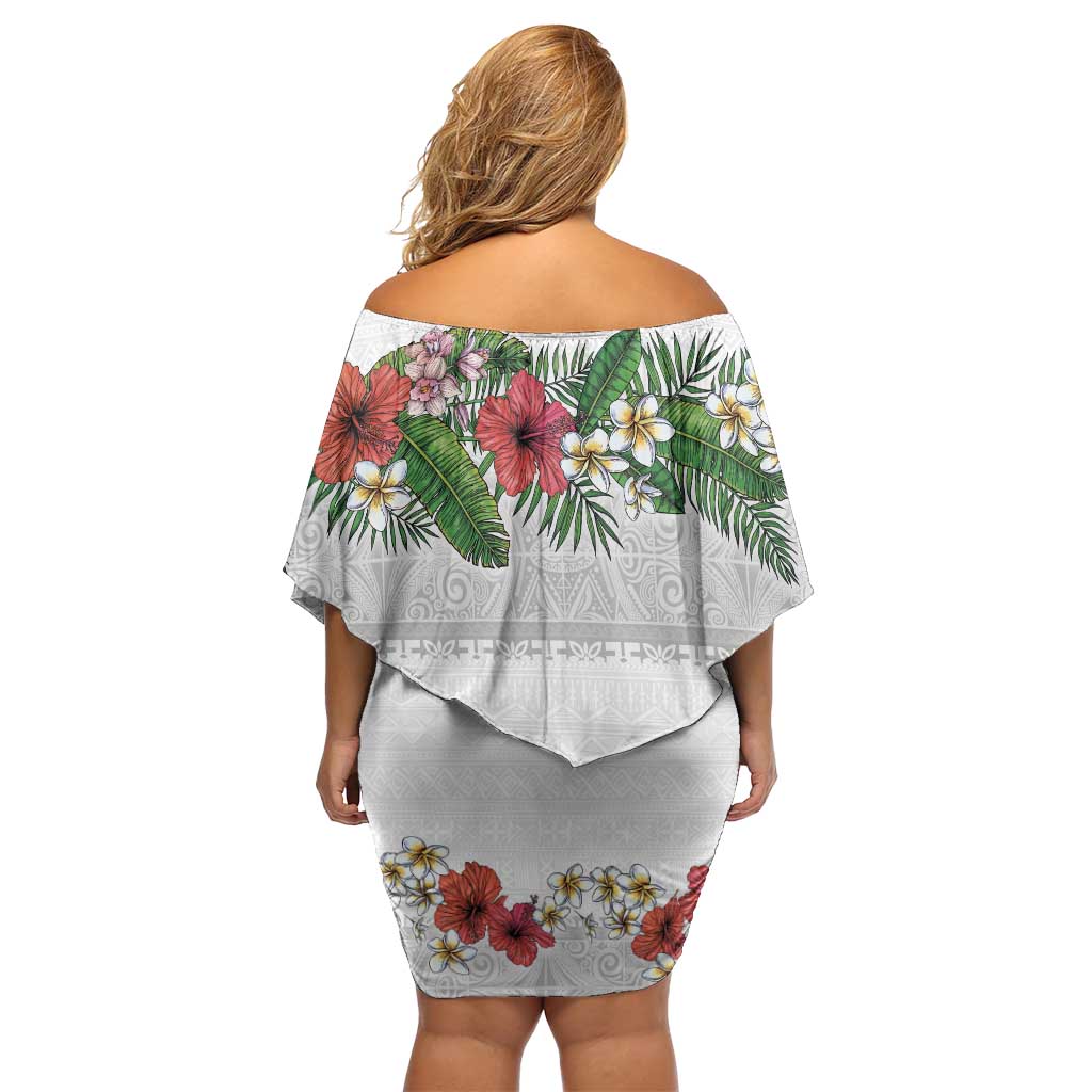 Hawaiian Tropical Flowers and Tribal Polynesian Tattoo Off Shoulder Short Dress White Color LT03 - Polynesian Pride