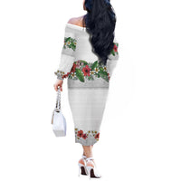 Hawaiian Tropical Flowers and Tribal Polynesian Tattoo Off The Shoulder Long Sleeve Dress White Color LT03 - Polynesian Pride