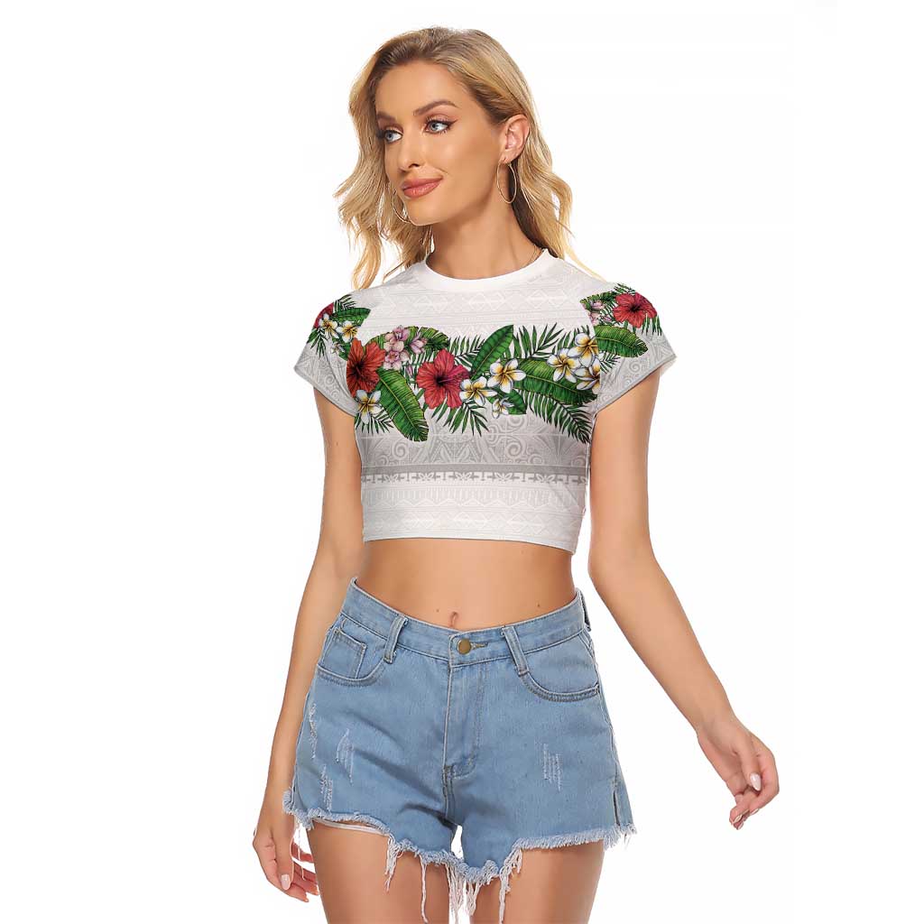 Hawaiian Tropical Flowers and Tribal Polynesian Tattoo Raglan Cropped T Shirt White Color LT03 Female White - Polynesian Pride