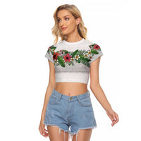 Hawaiian Tropical Flowers and Tribal Polynesian Tattoo Raglan Cropped T Shirt White Color LT03 Female White - Polynesian Pride