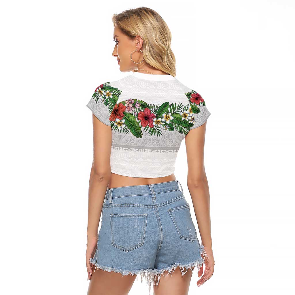 Hawaiian Tropical Flowers and Tribal Polynesian Tattoo Raglan Cropped T Shirt White Color LT03 - Polynesian Pride