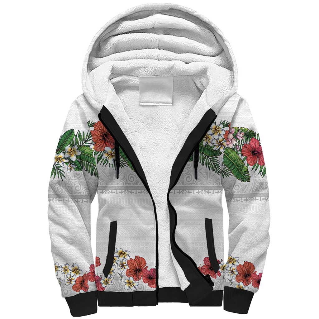 Hawaiian Tropical Flowers and Tribal Polynesian Tattoo Sherpa Hoodie White Color LT03 Unisex White - Polynesian Pride