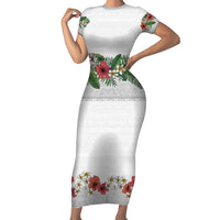 Hawaiian Tropical Flowers and Tribal Polynesian Tattoo Short Sleeve Bodycon Dress White Color LT03 Long Dress White - Polynesian Pride