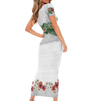 Hawaiian Tropical Flowers and Tribal Polynesian Tattoo Short Sleeve Bodycon Dress White Color LT03 - Polynesian Pride