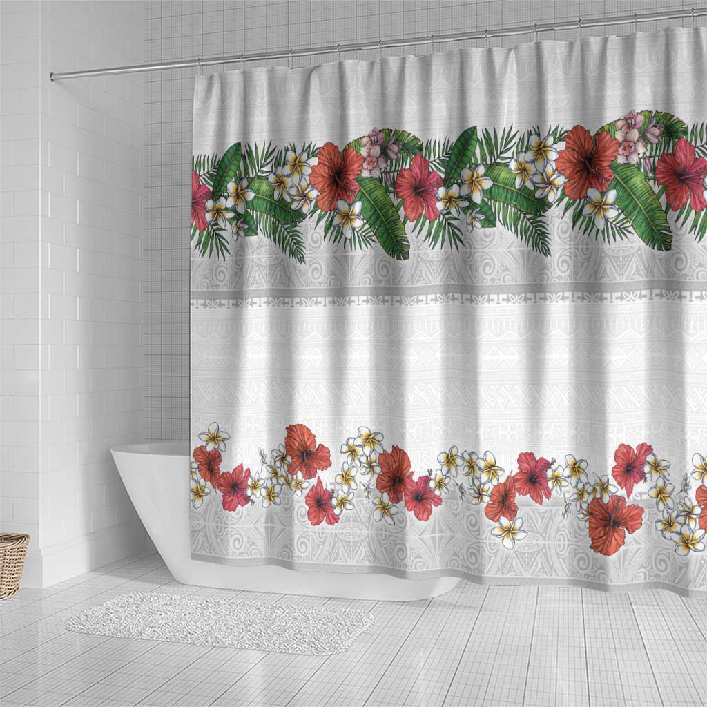 Hawaiian Tropical Flowers and Tribal Polynesian Tattoo Shower Curtain White Color