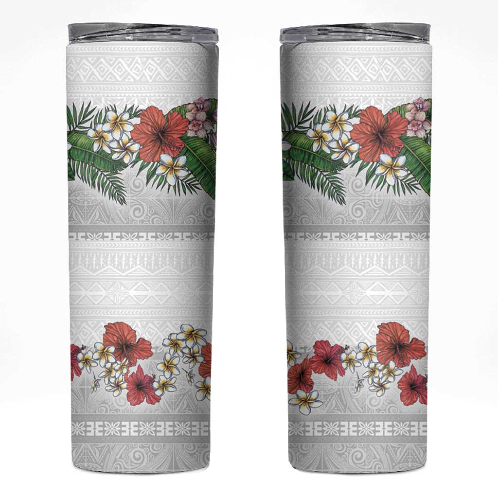 Hawaiian Tropical Flowers and Tribal Polynesian Tattoo Skinny Tumbler White Color LT03 White - Polynesian Pride