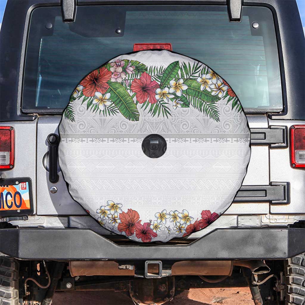 Hawaiian Tropical Flowers and Tribal Polynesian Tattoo Spare Tire Cover White Color LT03 White - Polynesian Pride