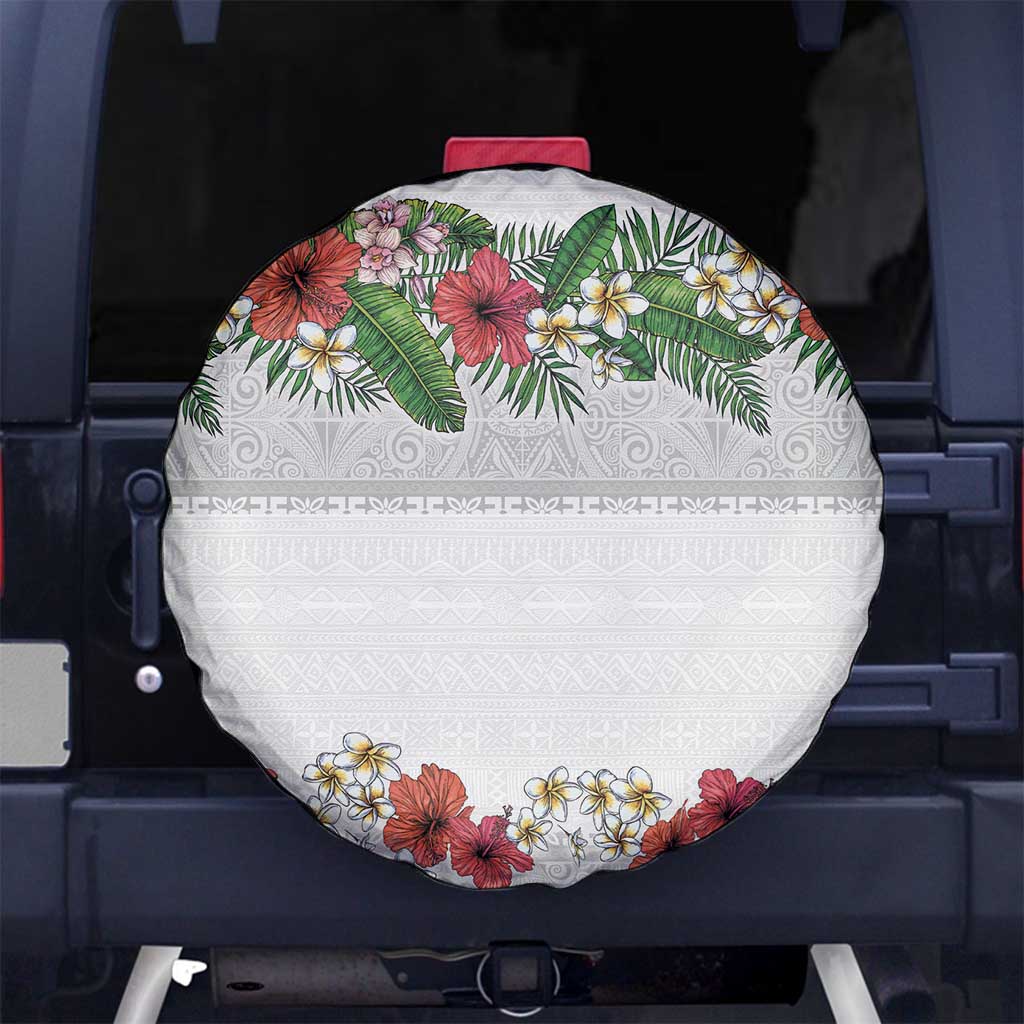 Hawaiian Tropical Flowers and Tribal Polynesian Tattoo Spare Tire Cover White Color LT03 - Polynesian Pride