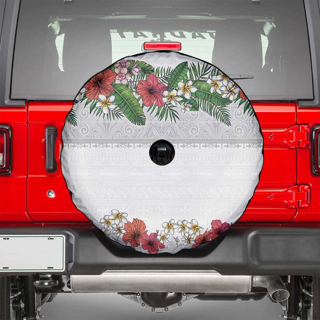 Hawaiian Tropical Flowers and Tribal Polynesian Tattoo Spare Tire Cover White Color LT03 - Polynesian Pride