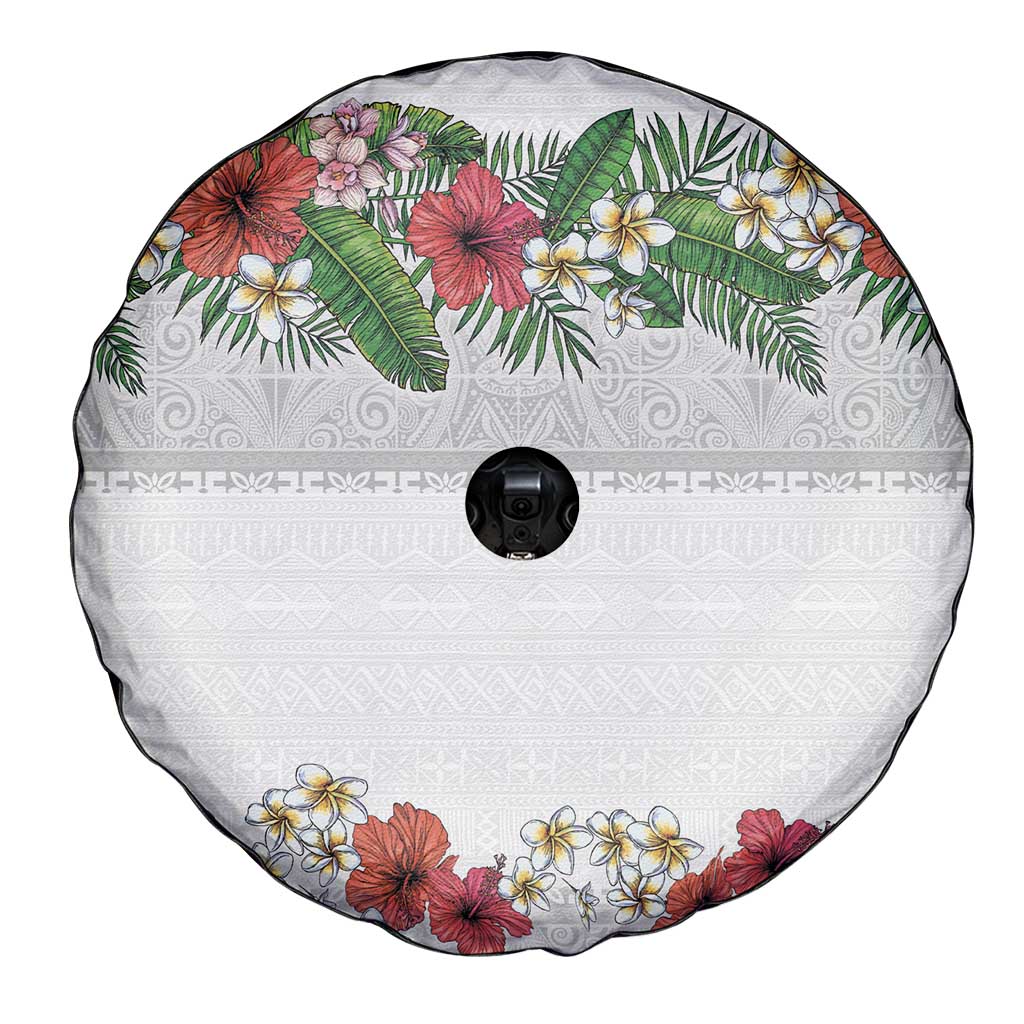Hawaiian Tropical Flowers and Tribal Polynesian Tattoo Spare Tire Cover White Color LT03 - Polynesian Pride