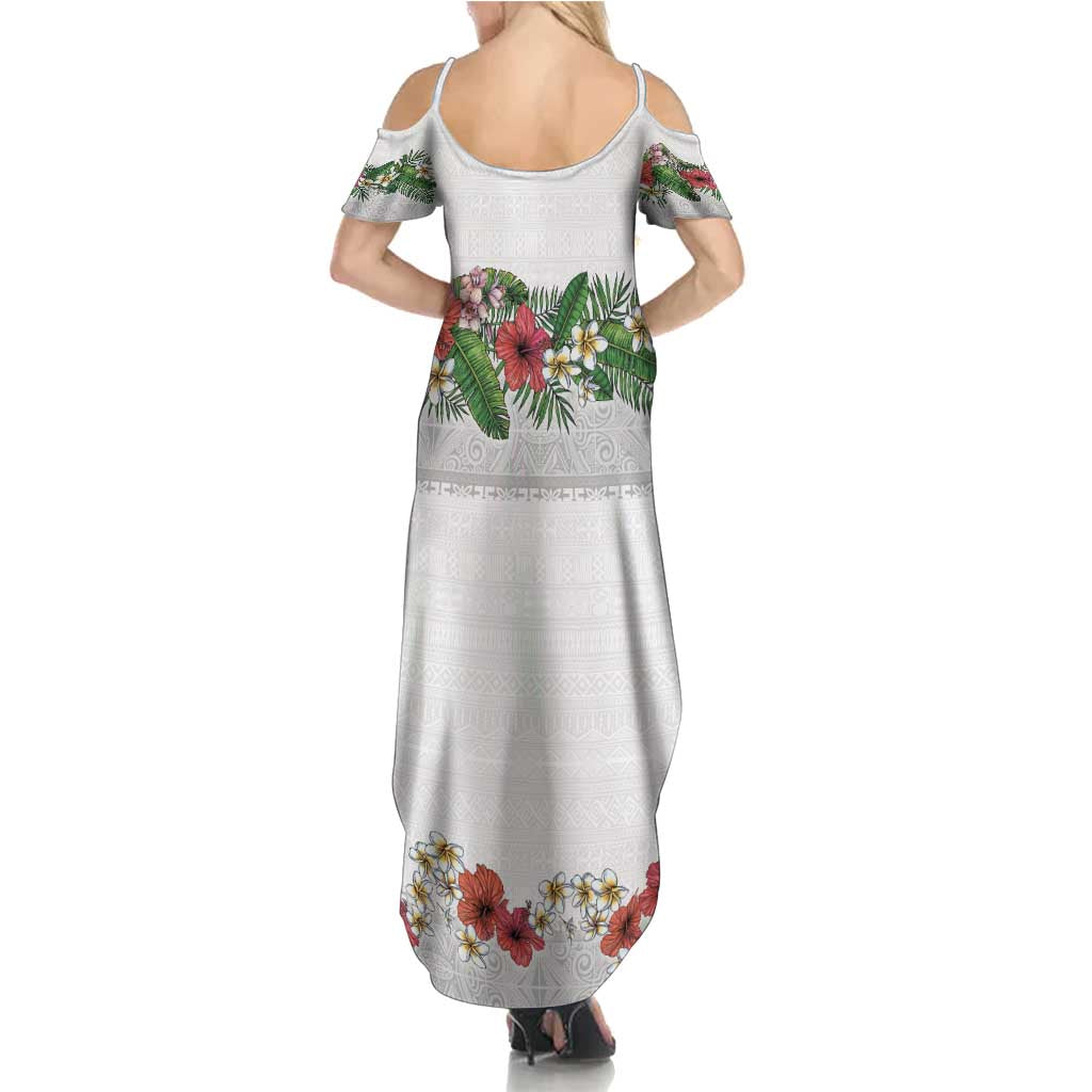 Hawaiian Tropical Flowers and Tribal Polynesian Tattoo Summer Maxi Dress White Color LT03 - Polynesian Pride
